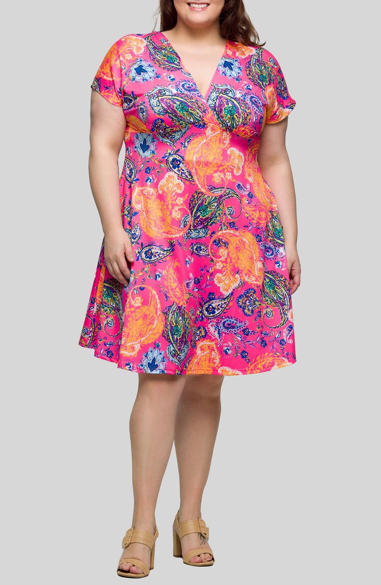 24seven Comfort Apparel Print Surplice V-Neck Dress, Main, color, Pink Multi