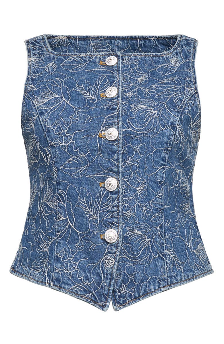 Cinq à Sept Garden Doodle Embroidered Floral Denim Vest, Alternate, color, Salt Breeze/ White