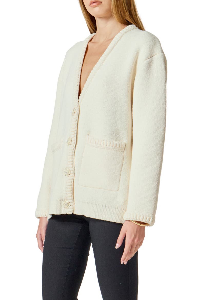 Floral Button V-Neck Cardigan, Alternate, color, CREAM