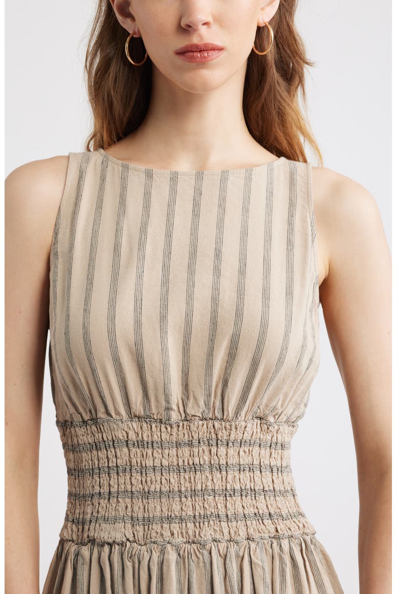 Smocked Waist Midi Dress, Alternate, color, TAN- BLACK SONJAY STRIPE