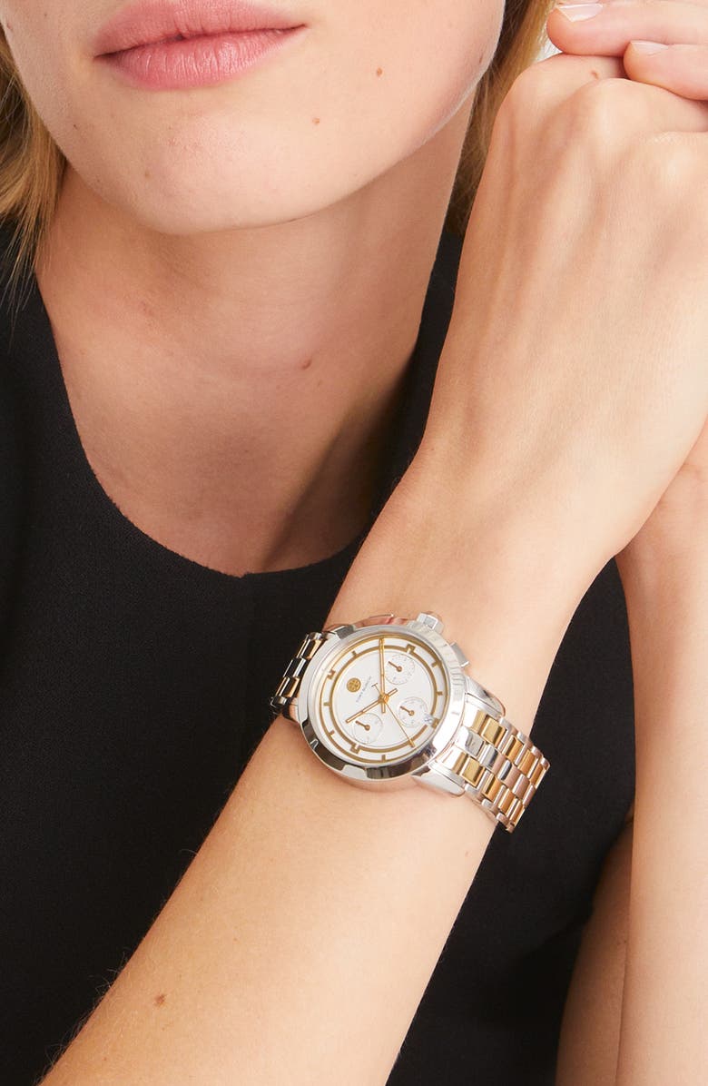 Tory Burch The Tory Two-Tone Chronograph Bracelet Watch, 37mm, Alternate, color, Two-Tone