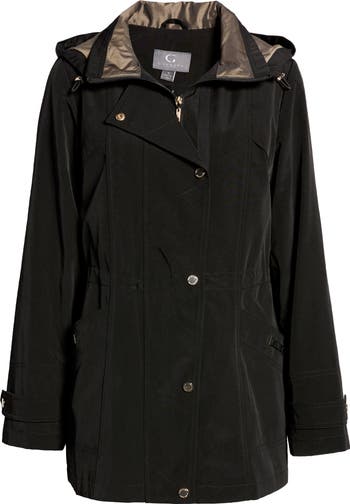 Gallery Cinched Waist Hooded Water Resistant Raincoat in Black