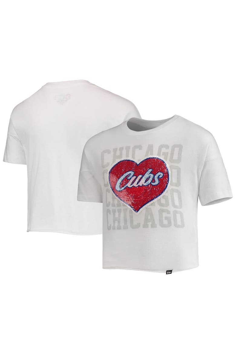 Girls Youth New Era White Chicago Cubs Flip Sequin Heart Crop Top, Main, color, White