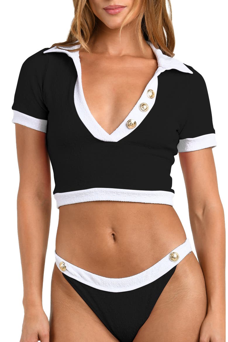 Anastasia Colorblock Short Sleeve Crop Rashguard, Main, color, BLACK