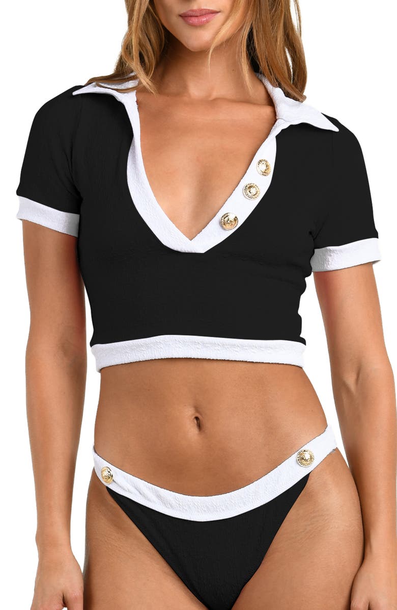 L'AGENCE Anastasia Colorblock Short Sleeve Crop Rashguard, Main, color, Black