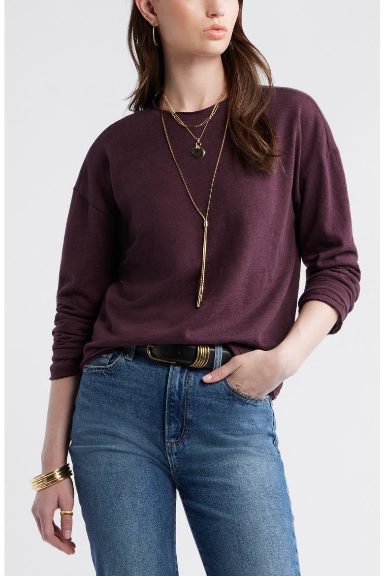 Roll Crewneck Boxy Long Sleeve Cotton Blend Top, Main, color, BURGUNDY FUDGE