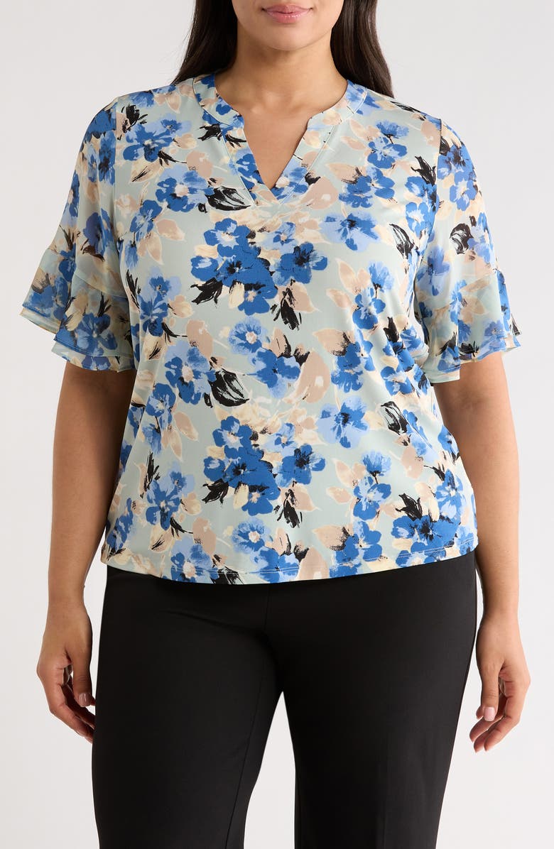 AK ANNE KLEIN Floral Ruffle Sleeve Top, Main, color, 