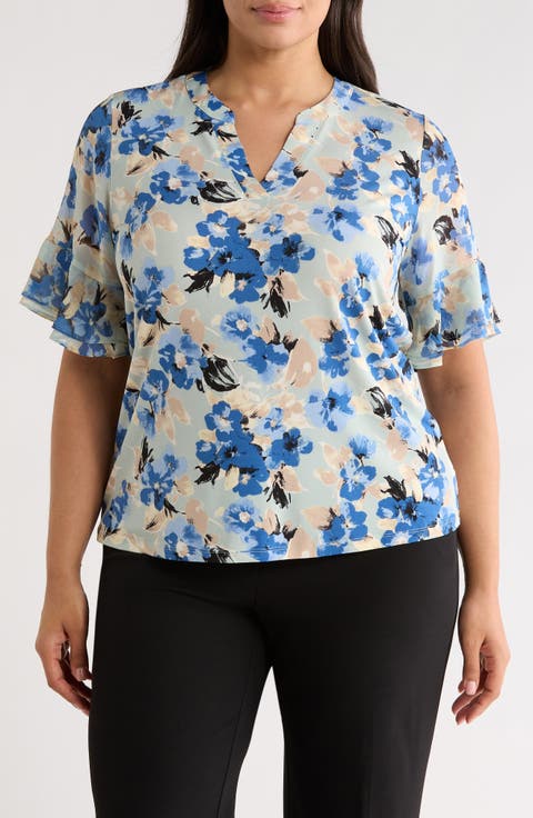 Floral Ruffle Sleeve Top (Plus)