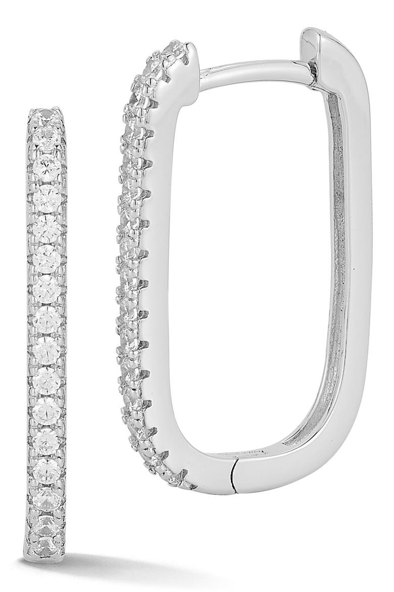 Cubic Zirconia Long Oval Hoop Earrings, Main, color, SILVER