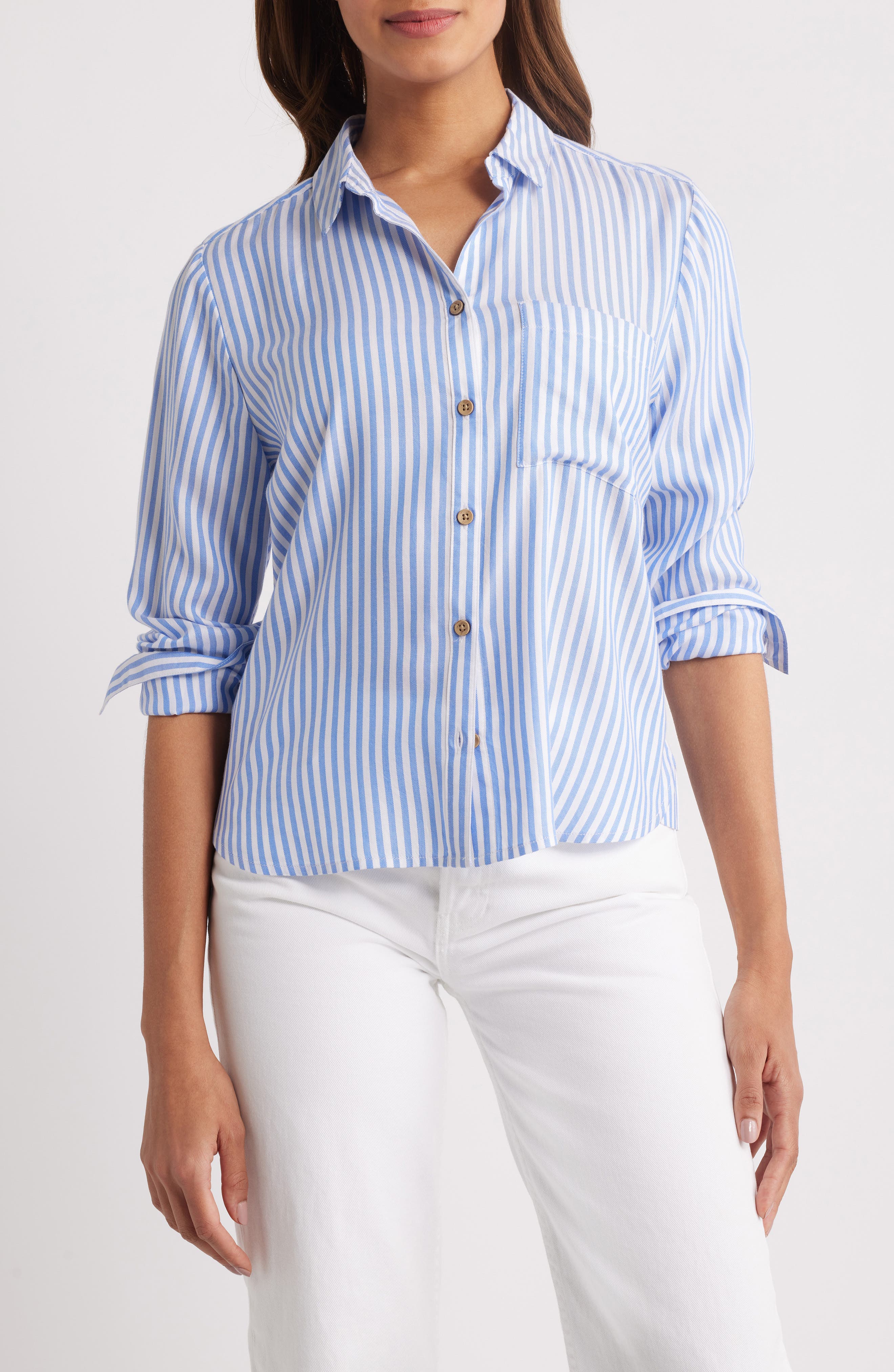 beachlunchlounge Candace Stripe Button-Up Shirt in Blue Ice 