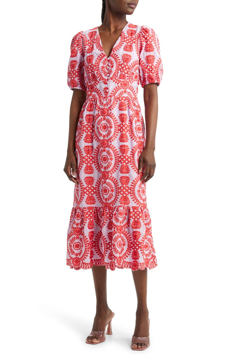 Adelyn Rae Luisa Embroidered Cotton Midi Dress, Main, color, 