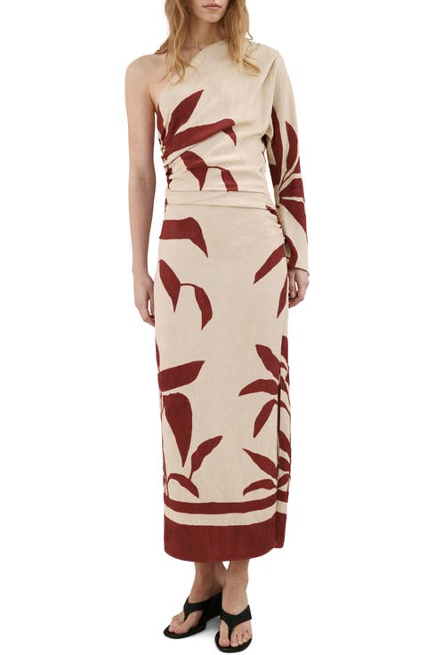 Leaf Print Ruched One Shoulder Midi Dress