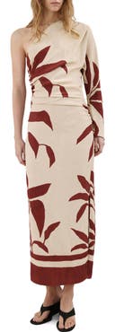MANGO Leaf Print Ruched One Shoulder Midi Dress