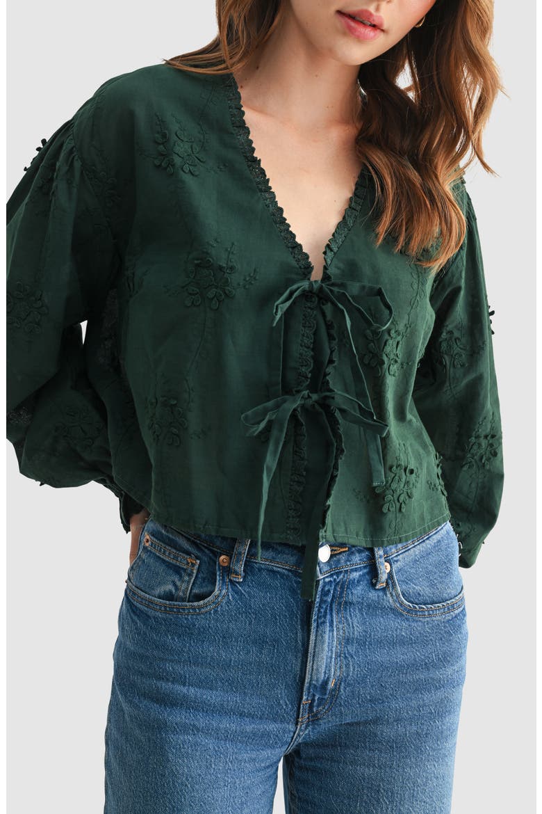 Flower Appliqué Tie Front Cotton Top, Alternate, color, HUNTER GREEN