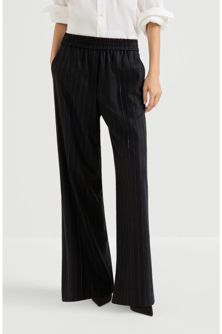 Comfort virgin wool dazzling chalk stripe loose track trousers, Main, color, Blue