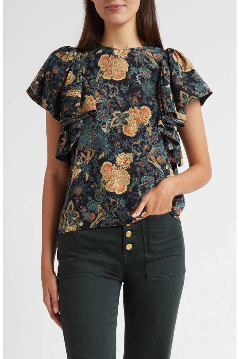 Lena Flutter Sleeve Silk Top, Main, color, NUIT