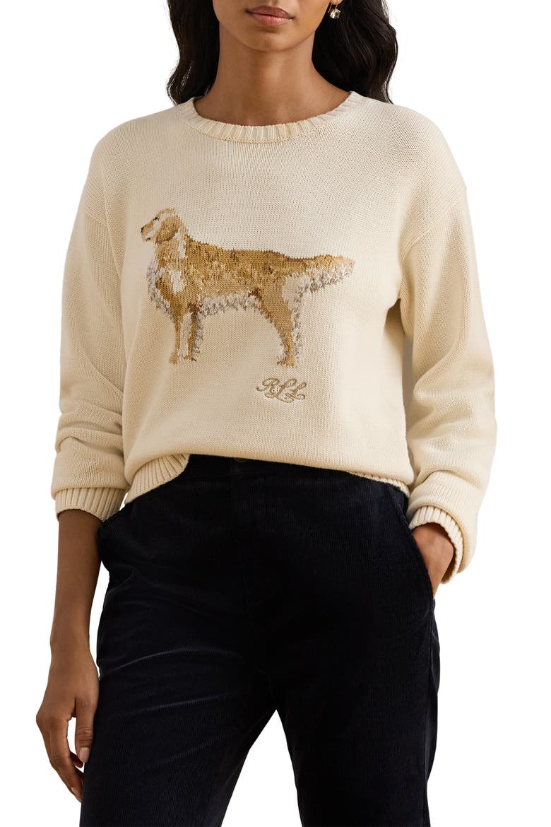 Intarsia Golden Retriever Cotton Sweater, Main, color, MASCARPONE CREAM