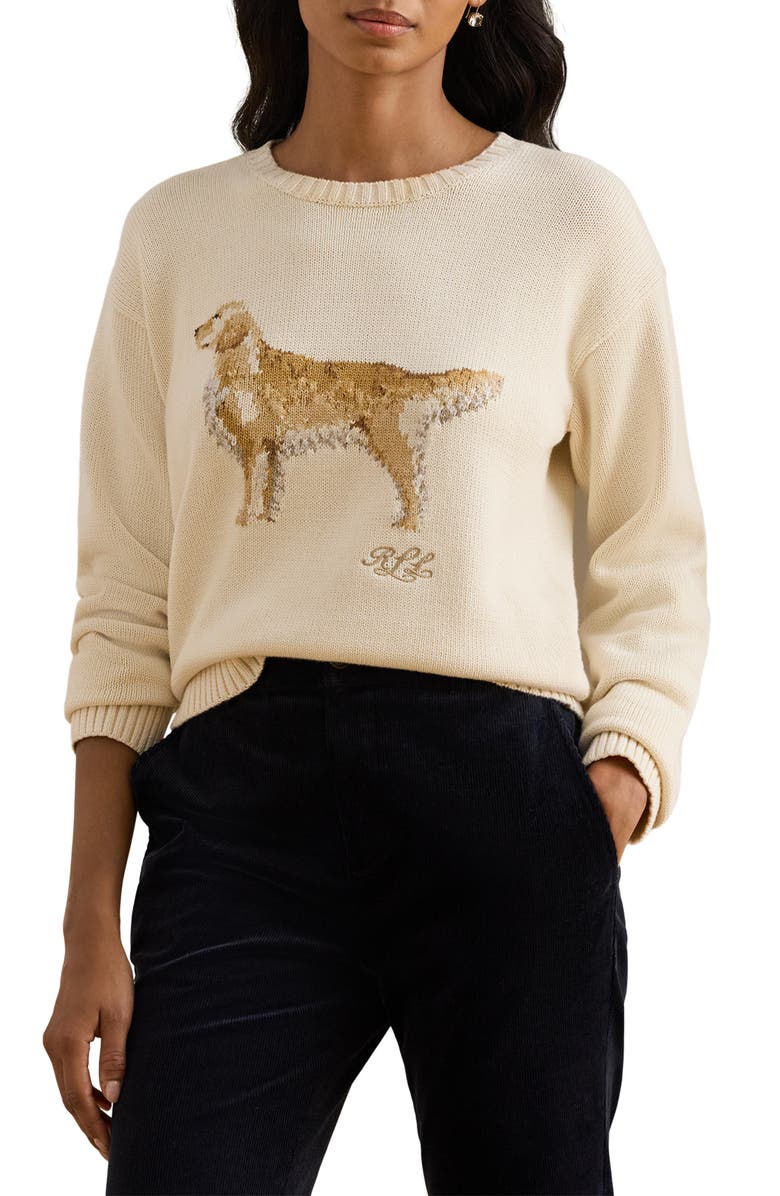 Lauren Ralph Lauren Intarsia Golden Retriever Cotton Sweater, Main, color, 