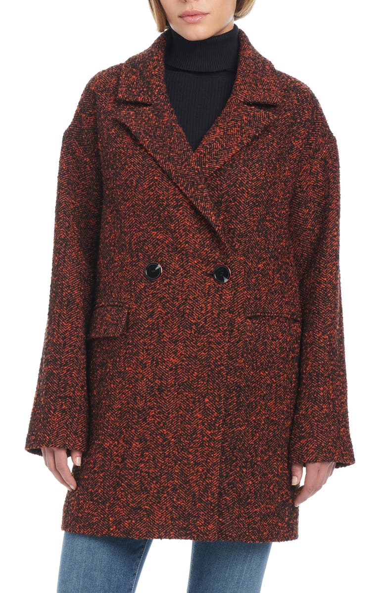 Sanctuary Double Breasted Herringbone Coat, Main, color, Red And Black Herringbone