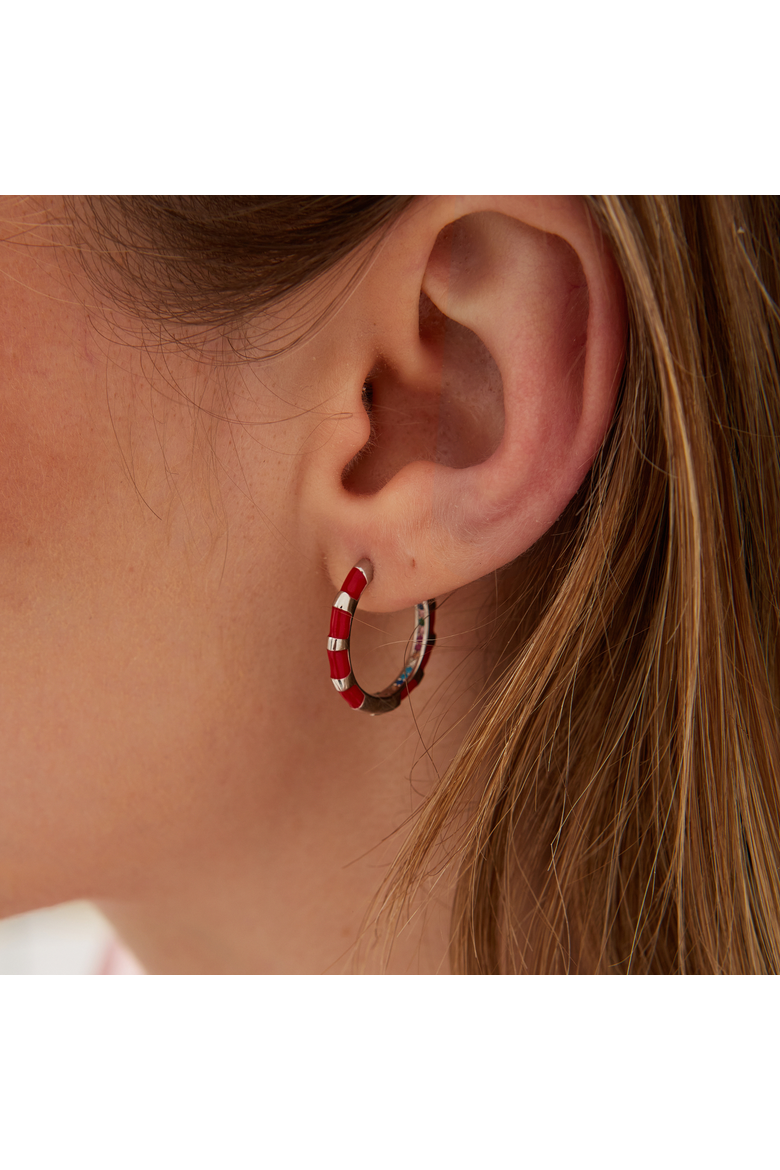 Enamel Red Fine Stripe Sterling Silver Hoop Earrings With Multi Color Zirconia Interior, Alternate, color, Silver