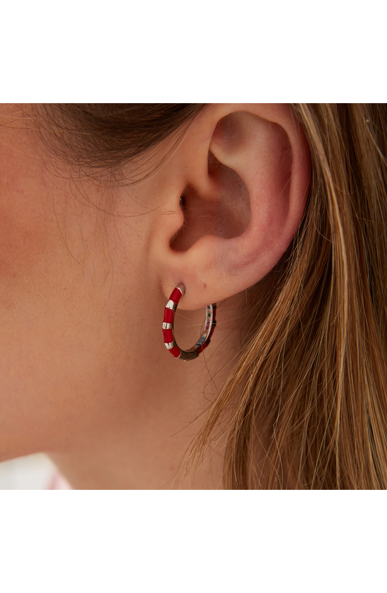 Spero London Enamel Red Fine Stripe Sterling Silver Hoop Earrings With Multi Color Zirconia Interior, Alternate, color, Silver