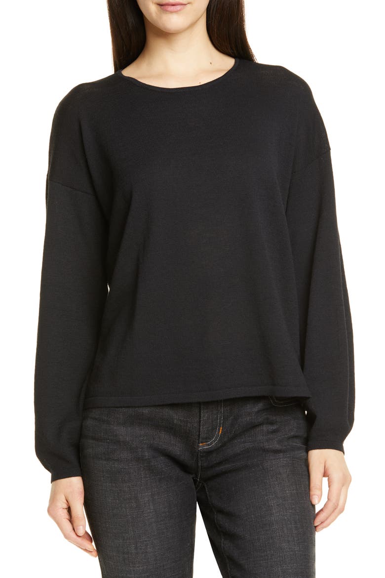 Round Neck Box Wool Sweater, Main, color, BLACK