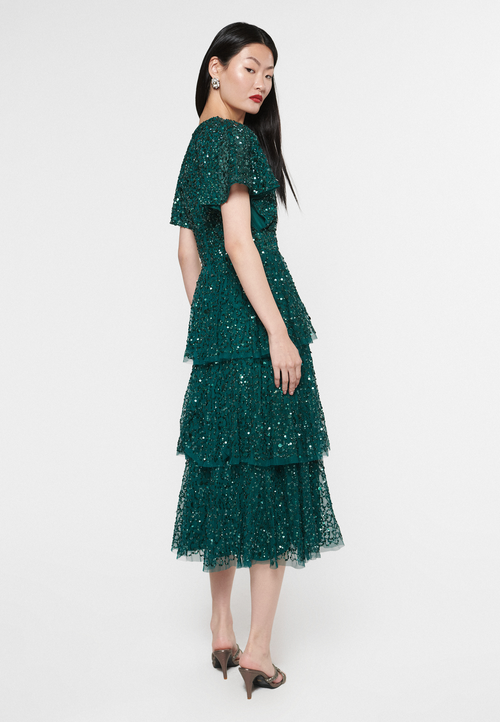 Beauut Embellished Sequin Beaded Wrap Neck With Short Sleeves Maxi Dress In Emerald Green