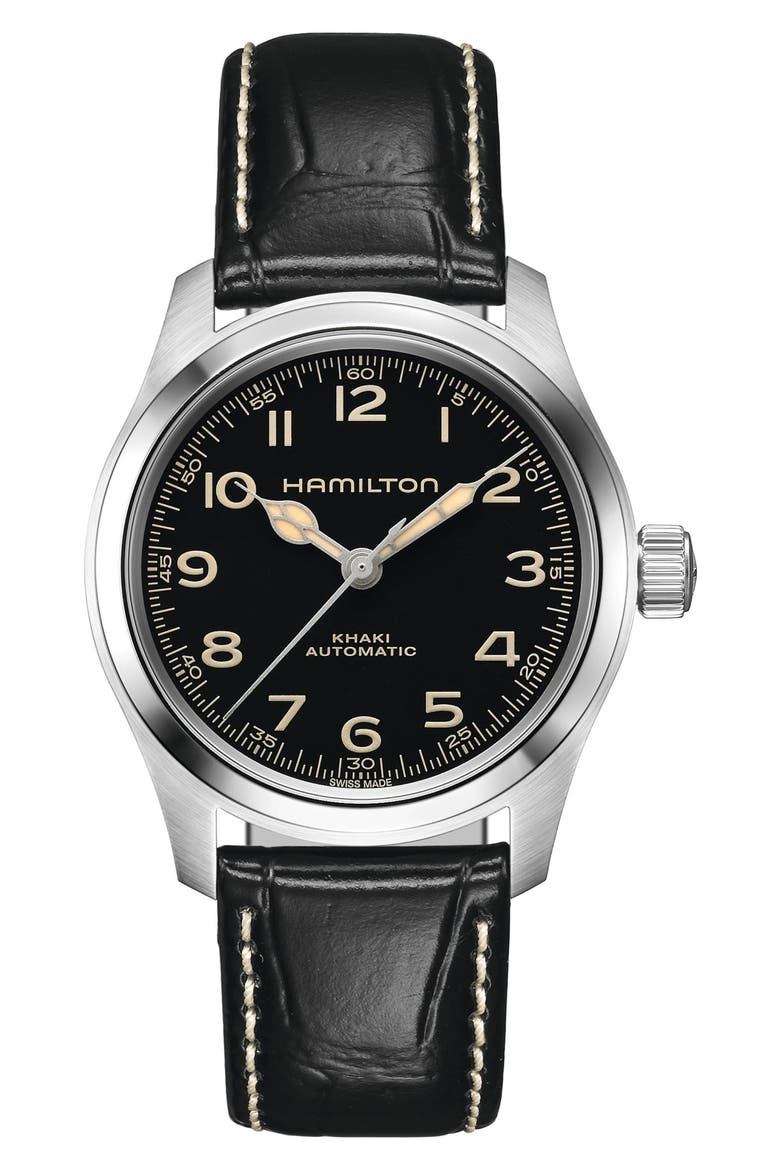 Khaki Field Murph Leather Strap Watch, 38mm, Main, color, BLACK