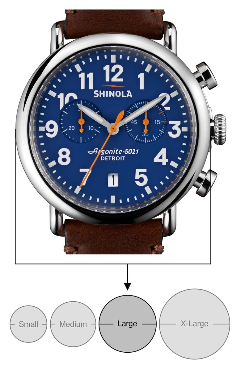 Shinola 'The Runwell Chrono' Leather Strap Watch, 41mm, Alternate, color, Dark Brown/ Blue/ Silver