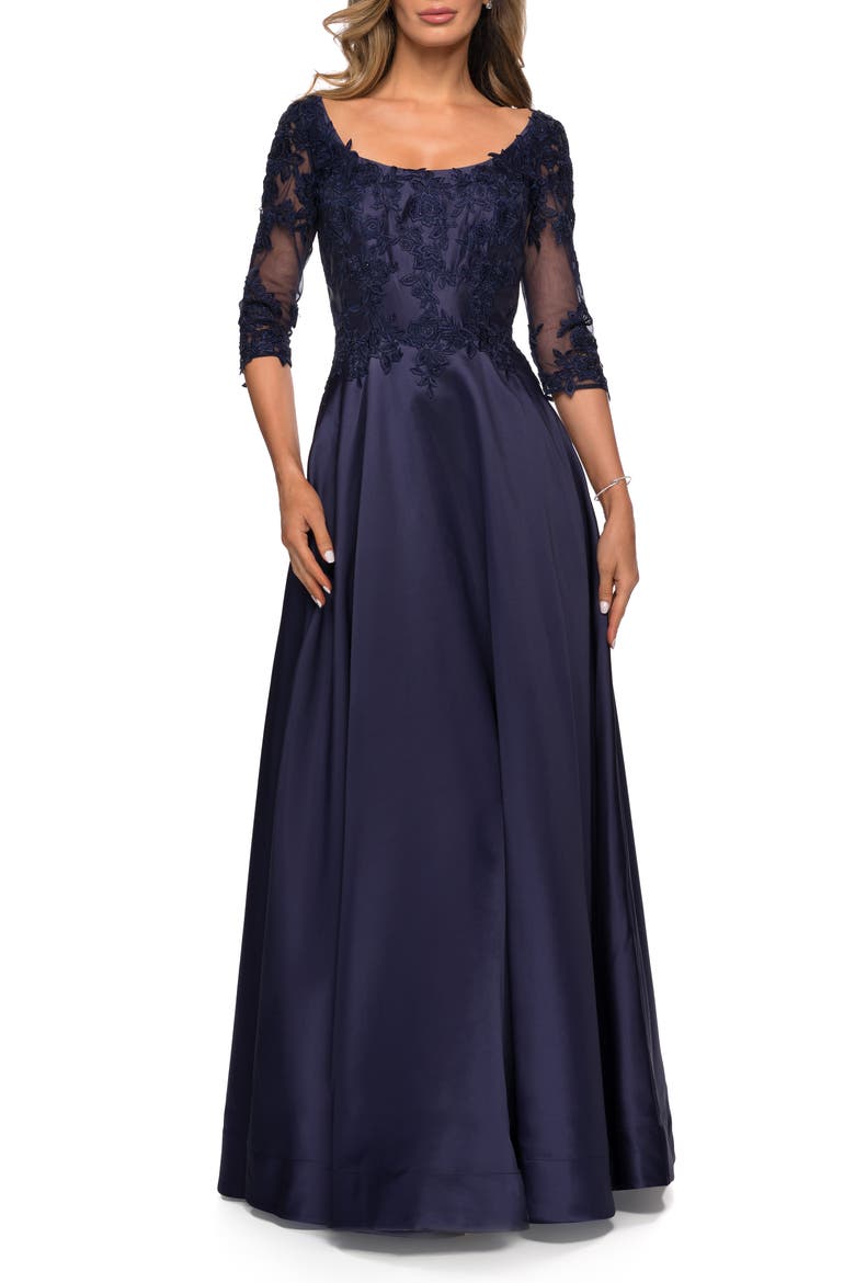 Three Quarter Sleeve Gown with Lace Sheer Back, Main, color, Navy