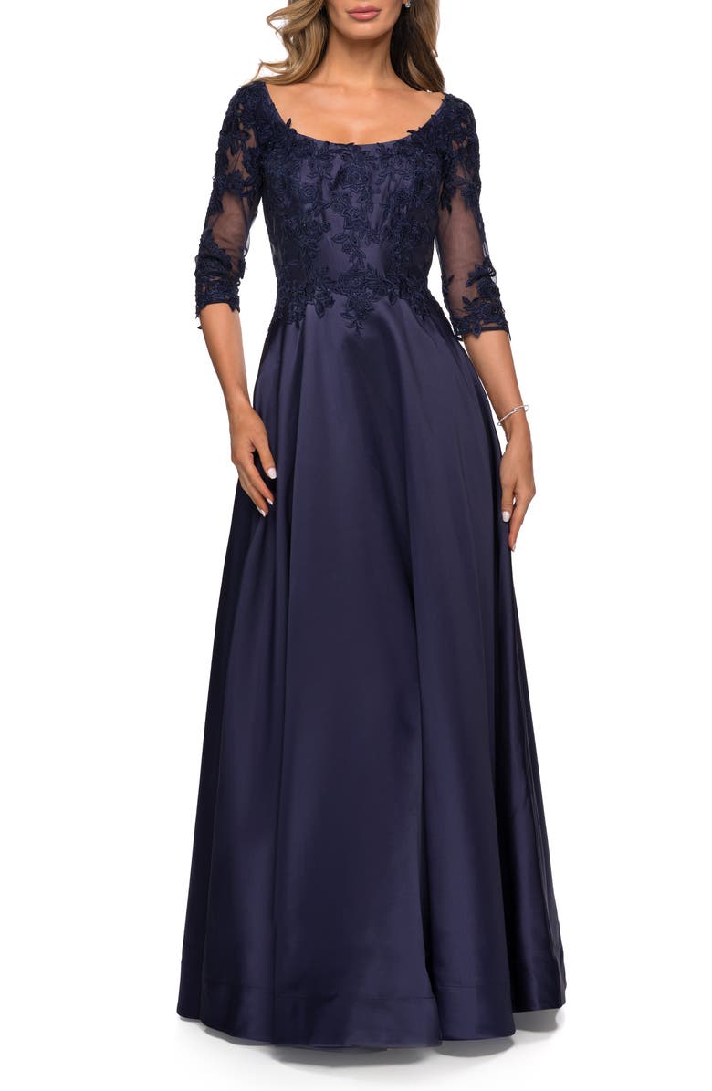 La Femme Three Quarter Sleeve Gown with Lace Sheer Back, Main, color, Navy