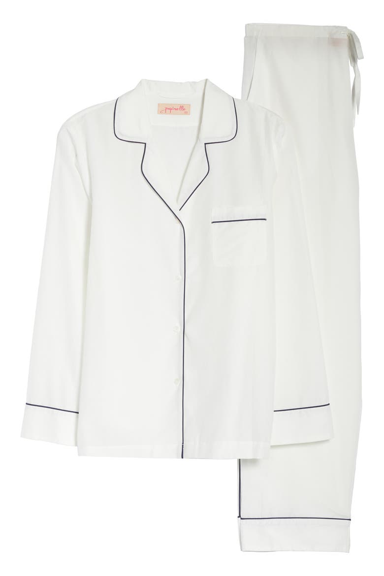 Mia Cotton & Silk Pajamas, Alternate, color, WHITE/ NAVY