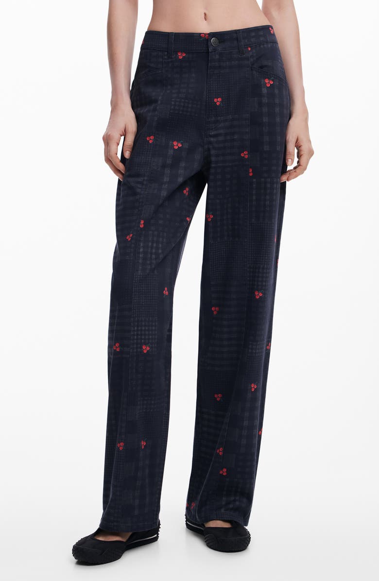 Desigual Check & Cherry Stretch Cotton Twill Pants, Main, color, Dark Gray