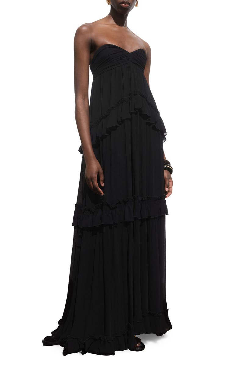 MANGO Strapless Ruffle Maxi Dress, Main, color, Black