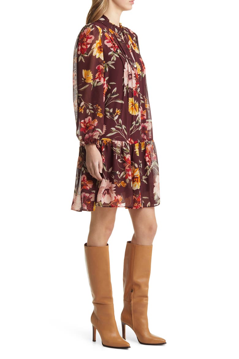 Floral Pleated Long Sleeve Dress, Alternate, color, BROWN MULTI