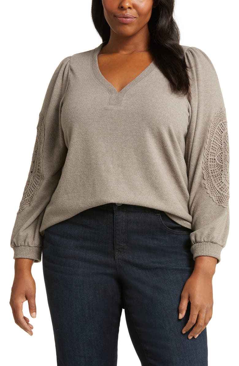 Wit & Wisdom Lace Trim Long Sleeve Top, Main, color, 