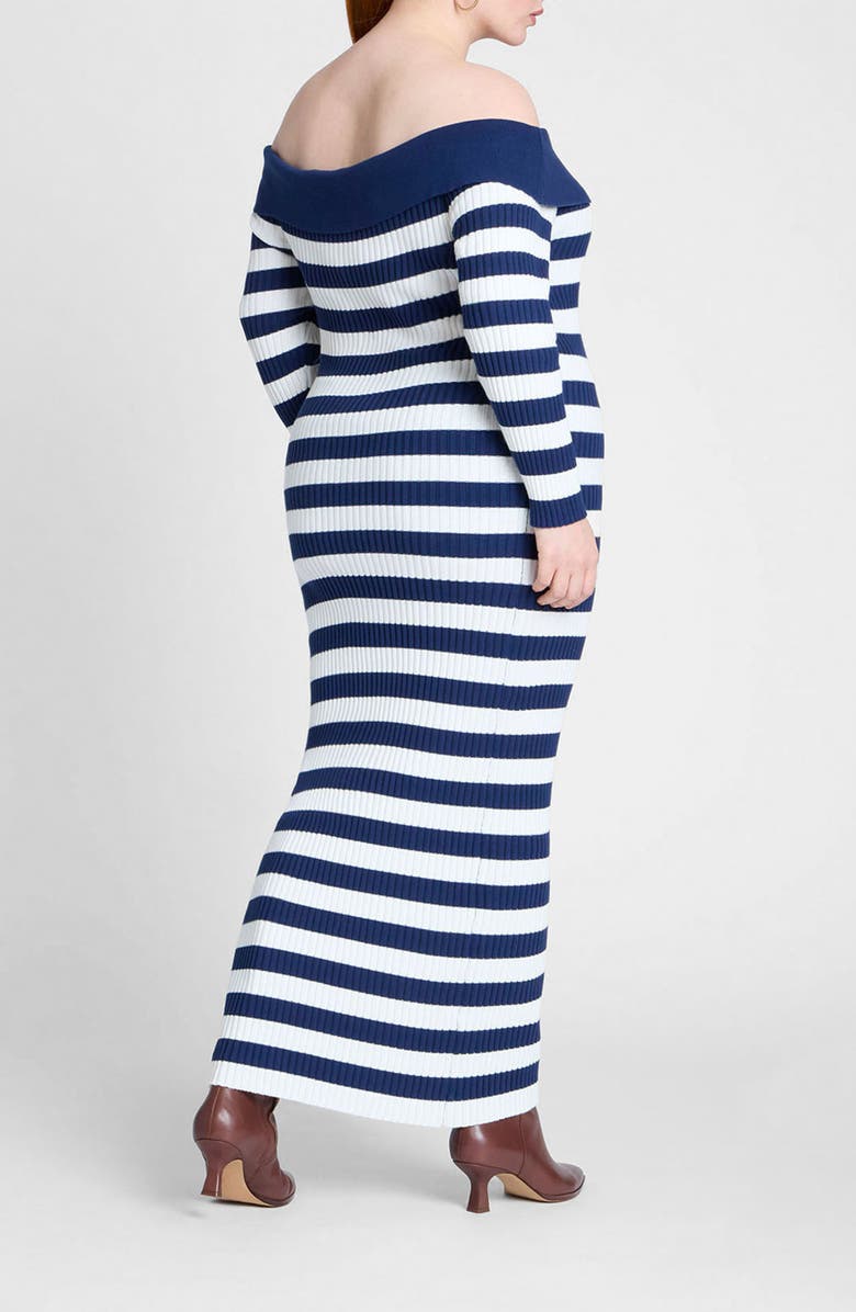 ELOQUII Stripe Long Sleeve Off the Shoulder Cotton Sweater Dress, Alternate, color, 