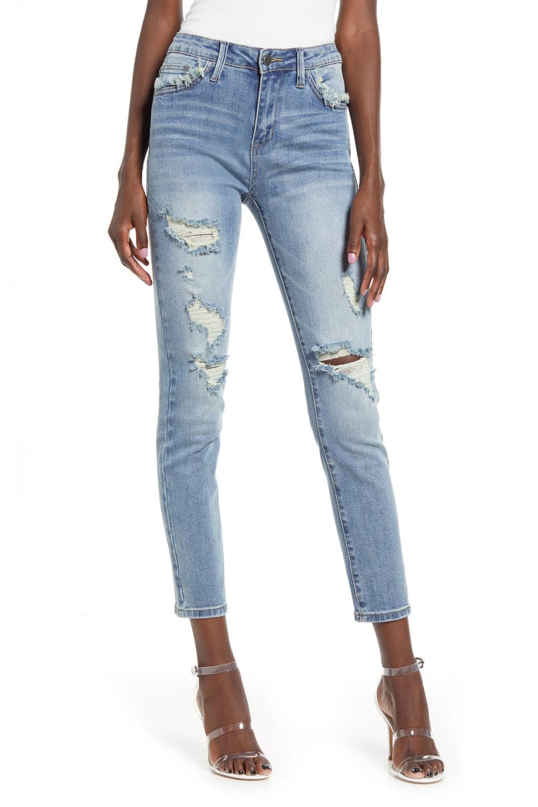 High Waist Ripped Ankle Skinny Jeans, Main, color, DENIM