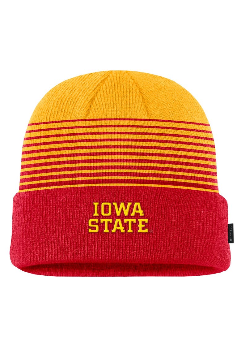 Men's Nike Cardinal/Gold Iowa State Cyclones 2026 On-Field Gradient Terra Cuffed Knit Hat, Main, color, Cardinal