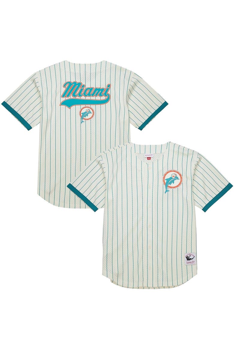 Men's Mitchell & Ness  Cream Miami Dolphins Final Seconds Vintage Logo Mesh Button-Up Shirt, Main, color, Cream