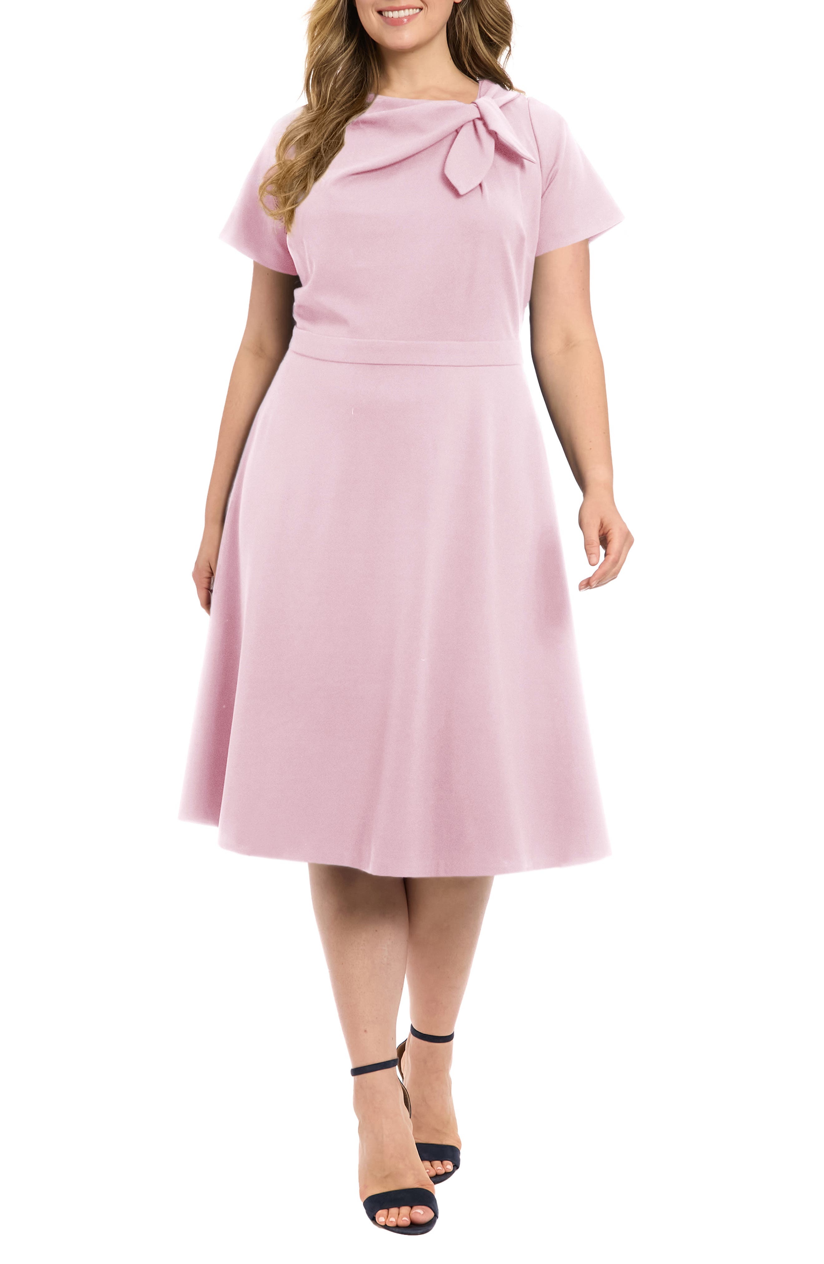 London Times Tie Neck Fit & Flare Midi Dress