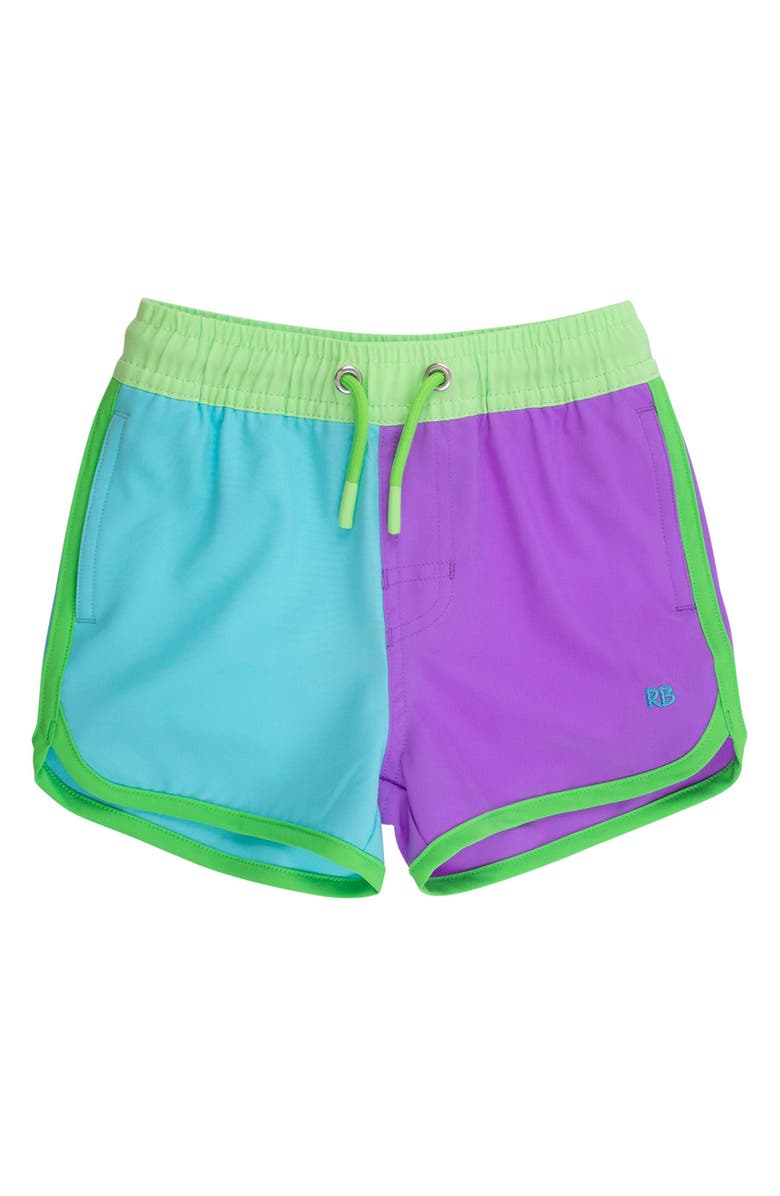 RuggedButts UPF50+ Sun Protected Stretch Dolphin Hem Swim Trunks, Main, color, Neon Bright Aqua Color Block
