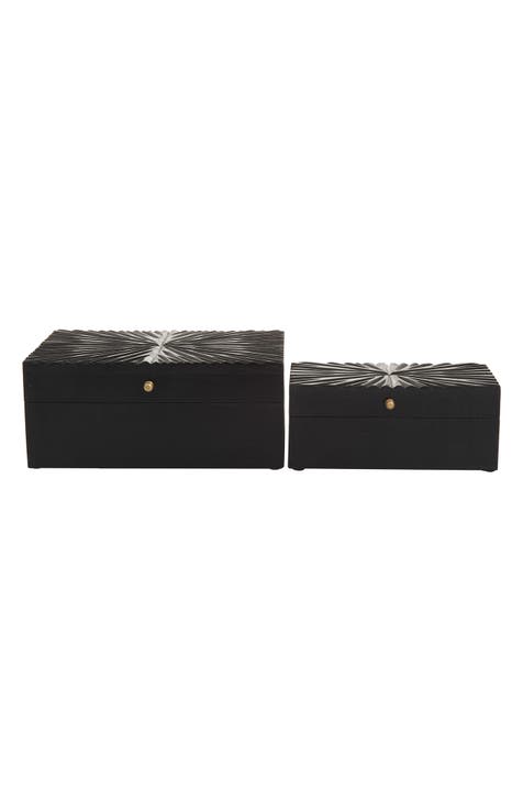 Black Wood Geometric Box with Hinged Lid - Set of 2