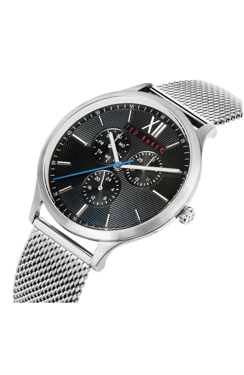 Ted Baker London Manhatt Multifunction Mesh Strap Watch, 42mm, Alternate, color, Silver