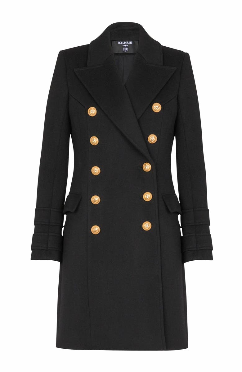 Balmain 10-Button Wool And Cashmere Coat, Alternate, color, Black