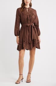 Chelsea28 Embroidered Long Sleeve Tie Waist Minidress