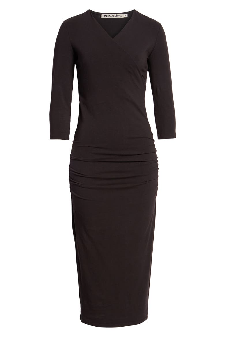 Ruched Surplice Stretch Cotton Body-Con Dress, Alternate, color, BLACK