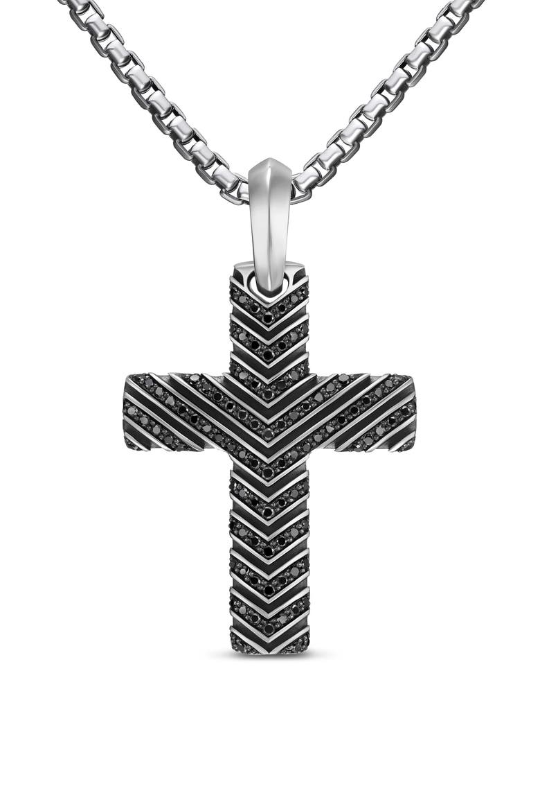 Men's Chevron Cross Pendant in Sterling Silver with Black Diamonds, 36mm, Main, color, SILVER PAVE