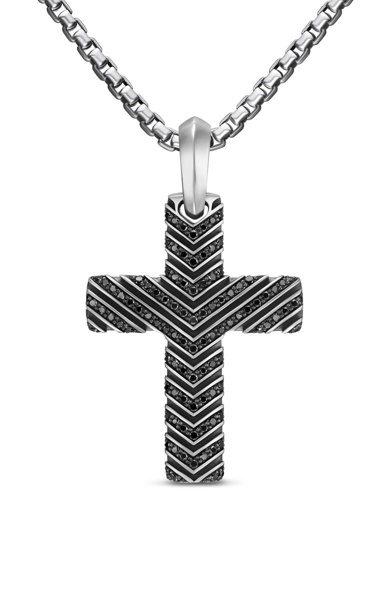 David Yurman Men's Chevron Cross Pendant in Sterling Silver with Black Diamonds, 36mm, Main, color, Silver Pave