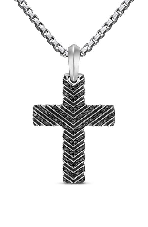 Men's Chevron Cross Pendant in Sterling Silver with Black Diamonds, 36mm